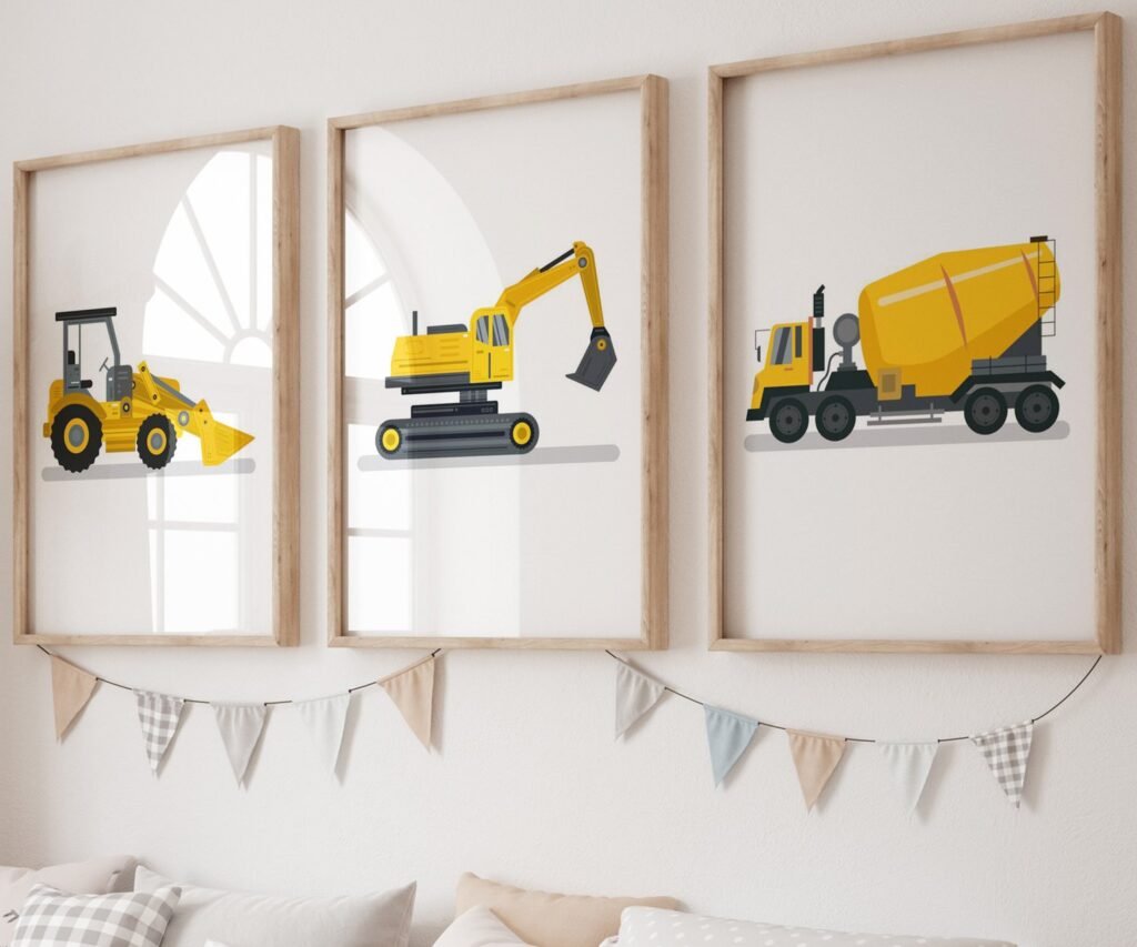set of 3 Vehicle Prints, Construction Wall Art, Transportation Print Nursery, Kids Gallery Wall Set, Truck Wall Art, Nursery Truck Prints