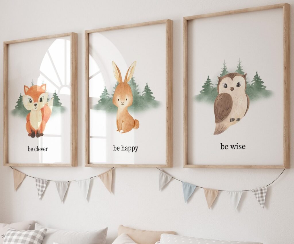 set of 3 Woodland Nursery wall art, Bear Wall art, Forest nursery- Nursery Prints Watercolor Woodland