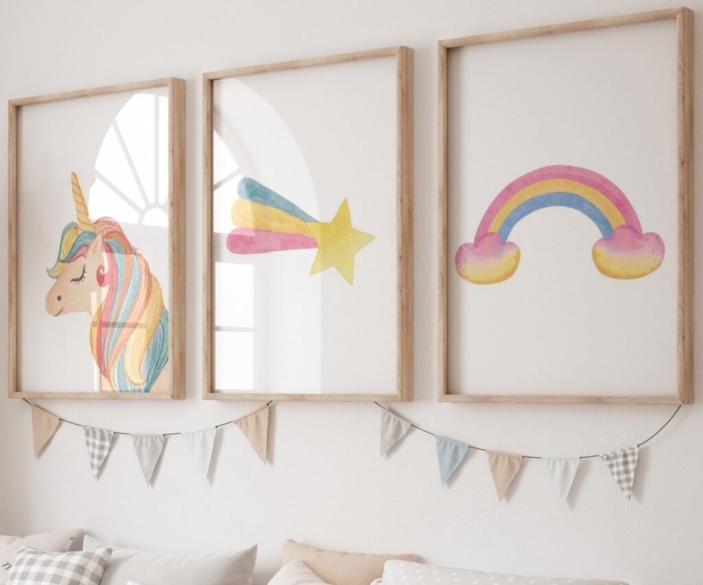 set of 3 Unicorn wall art set, Printable unicorn art, Girls room decor, Unicorn gold glitter, Unicorn prints,cloud rainbow