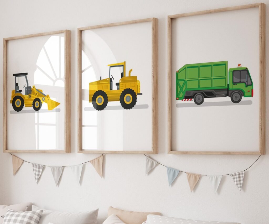 set of 3 Vehicle Prints, Construction Wall Art, Transportation Print Nursery, Kids Gallery Wall Set, Truck Wall Art, Nursery Truck Prints