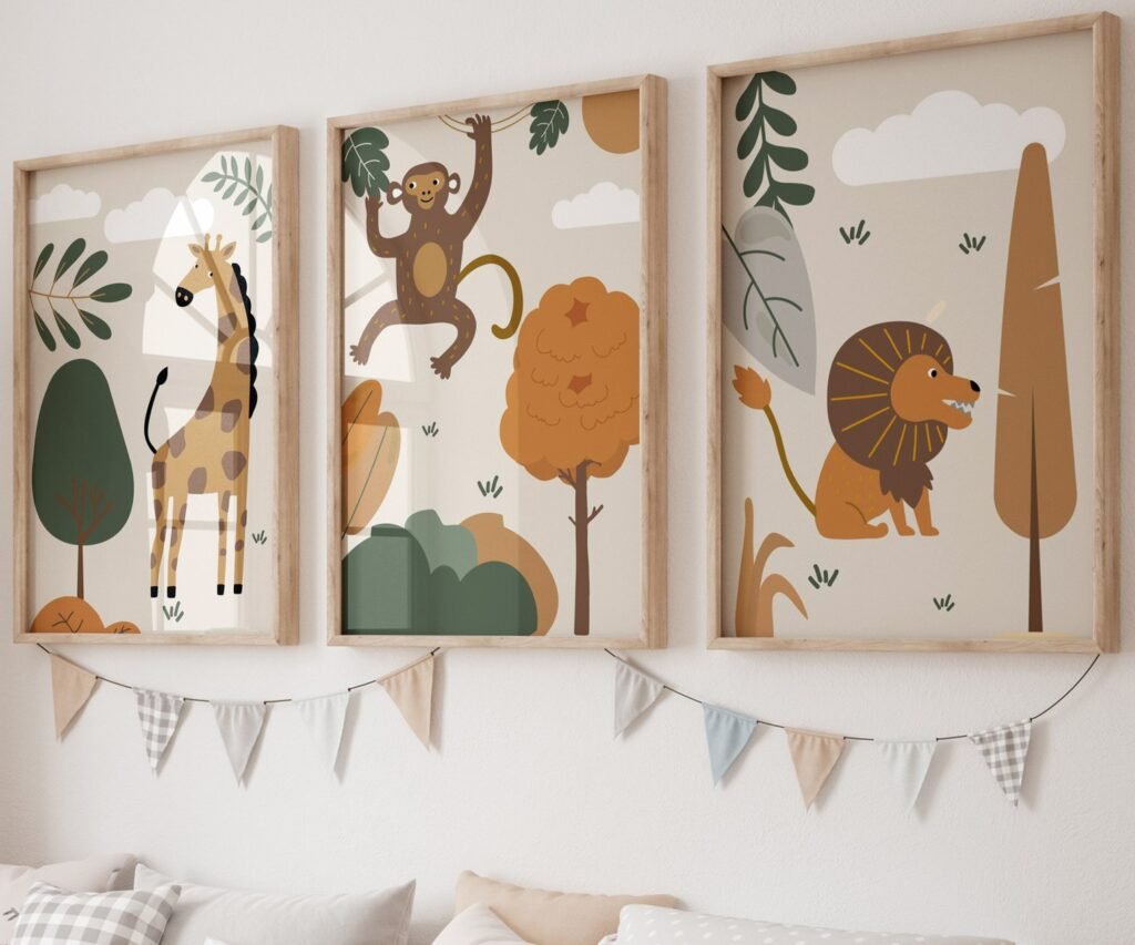 set of 3 Safari Nursery Wall Prints, Boho Nursery Prints, Green Nursery, Boho Nursery Wall Art, Nursery Decor, Set of Nursery Prints, Safari