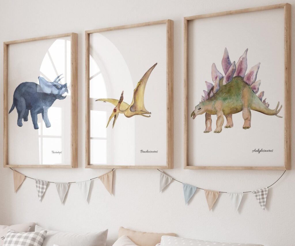 set of 3 Dinosaur Art Prints, Kids Gallery Wall Set, Dinosaur Wall Art, Dinosaur Nursery, Boys Room Dinosaur Decor, Kids Room Wall Art Dinos