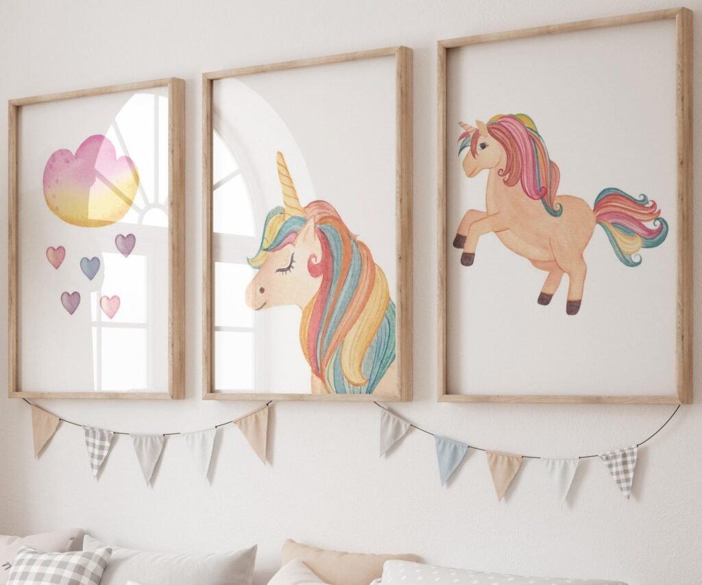 set of 3 Unicorn wall art set, Printable unicorn art, Girls room decor, Unicorn gold glitter, Unicorn prints,cloud rainbow