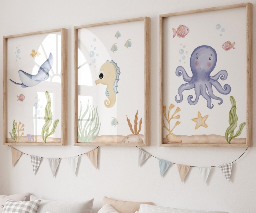 set of 3 Under the Sea Nursery Prints, Nautical Ocean Animal Posters, Boy Nursery Prints Set, Sea Animal Wall Art, Playroom Decor