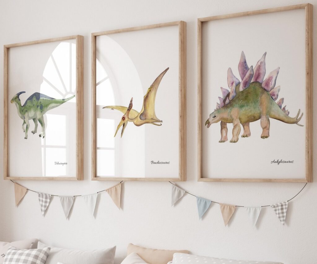 set of 3 Dinosaur Art Prints, Kids Gallery Wall Set, Dinosaur Wall Art, Dinosaur Nursery, Boys Room Dinosaur Decor, Kids Room Wall Art Dinos