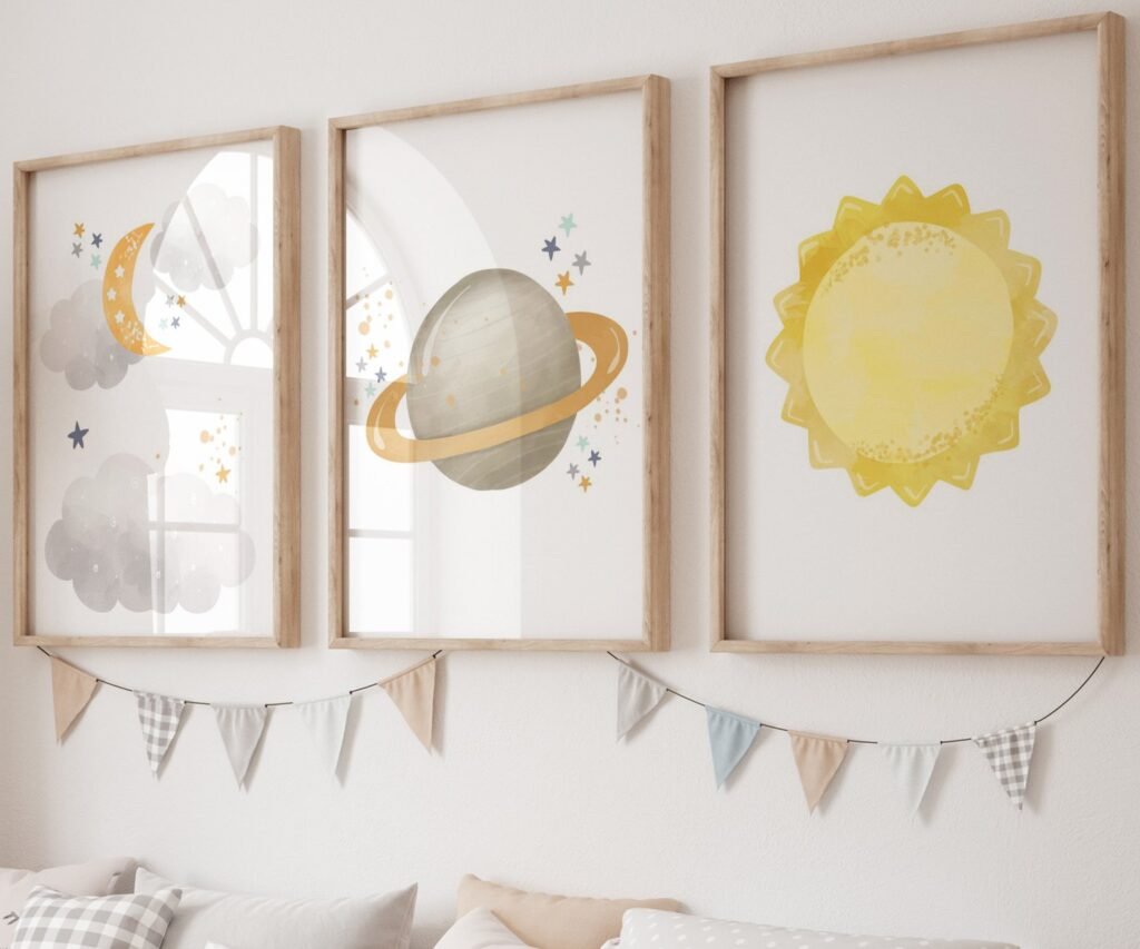 Neutral nursery print set, Space, Earthy tones, planet set of 3