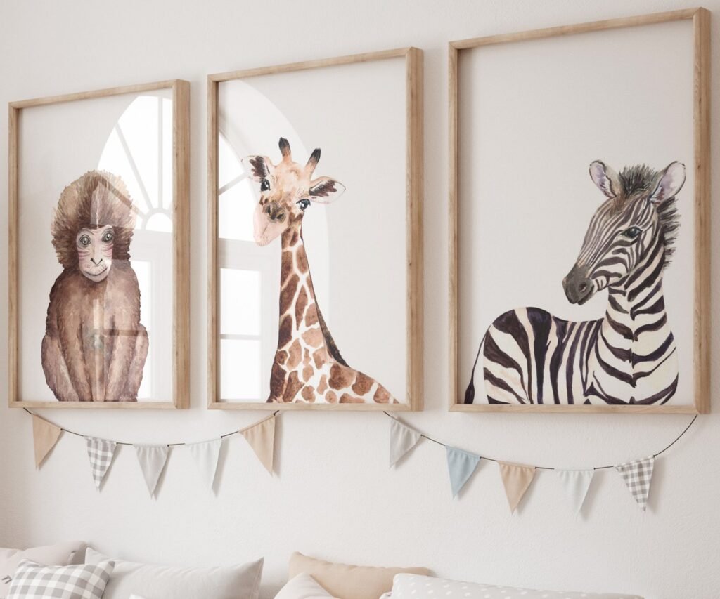 Lion tiger monkey giraffe elephant set of 3, Woodland Baby Animal Posters