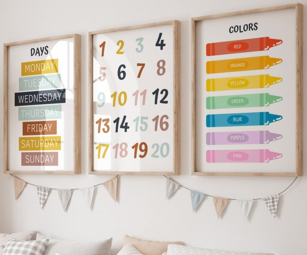 Kids Wall Art, Children's Wall Art, Nursery set of 3 Prints, Educational Wall Art, Alphabet, Numbers, Colours, Shapes , Classroom print