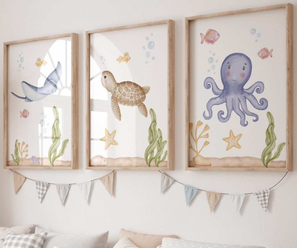 set of 3 Under the Sea Nursery Prints, Nautical Ocean Animal Posters, Boy Nursery Prints Set, Sea Animal Wall Art, Playroom Decor