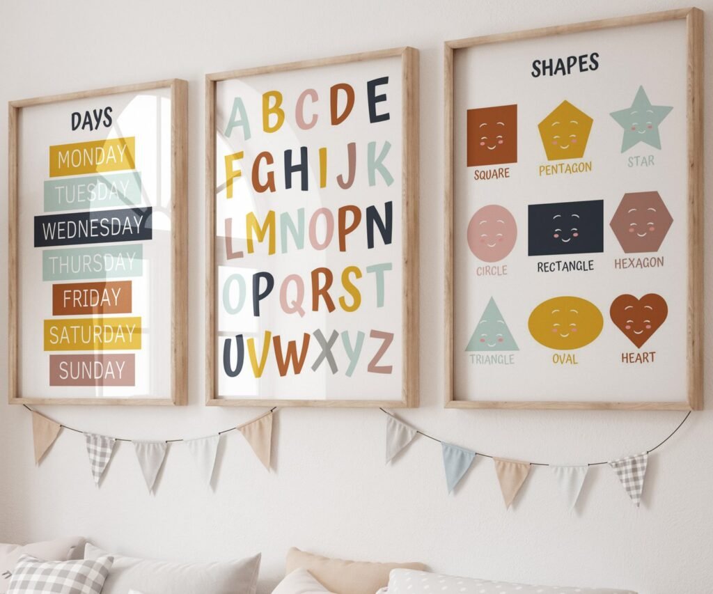 Kids Wall Art, Children's Wall Art, Nursery set of 3 Prints, Educational Wall Art, Alphabet, Numbers, Colours, Shapes , Classroom print