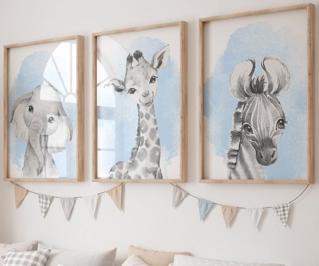 Safari Animals Baby Boys Set Of 3 Unframed Poster Prints with Personalised Name, Nursery Decor, Boys Bedroom Decor Giraffe Elephant