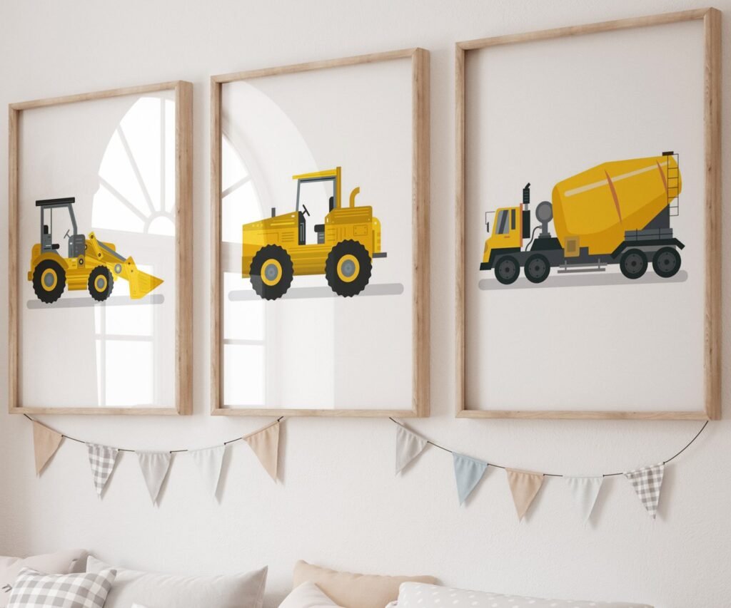 set of 3 Vehicle Prints, Construction Wall Art, Transportation Print Nursery, Kids Gallery Wall Set, Truck Wall Art, Nursery Truck Prints