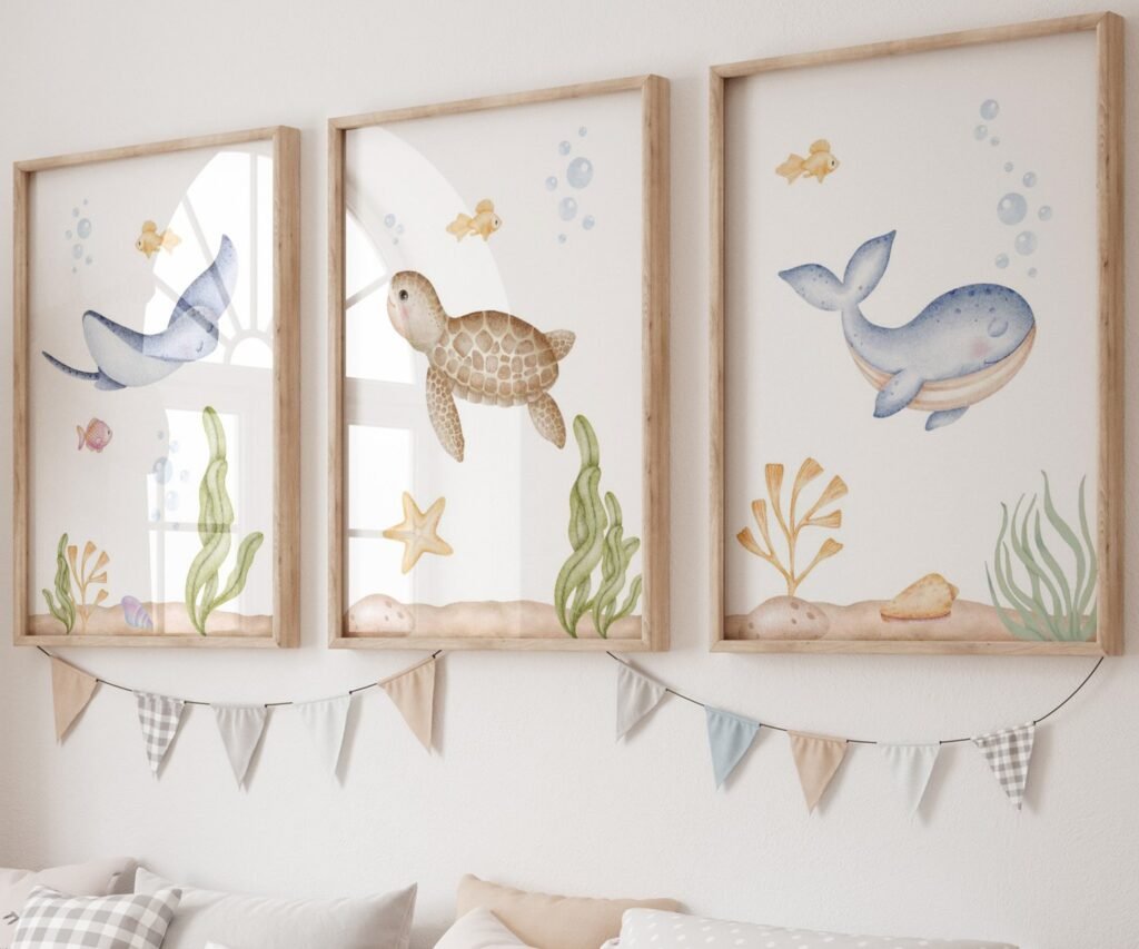 set of 3 Under the Sea Nursery Prints, Nautical Ocean Animal Posters, Boy Nursery Prints Set, Sea Animal Wall Art, Playroom Decor