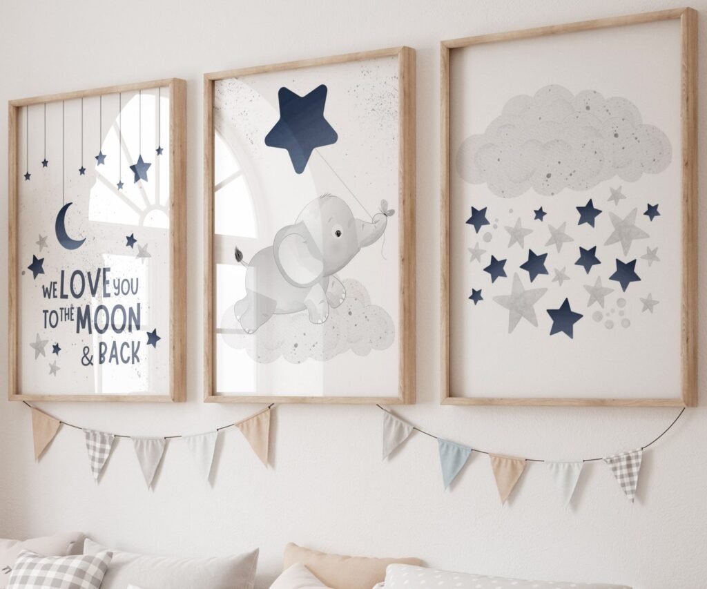 Nursery decor boy elephant, nursery wall art boy set of 3