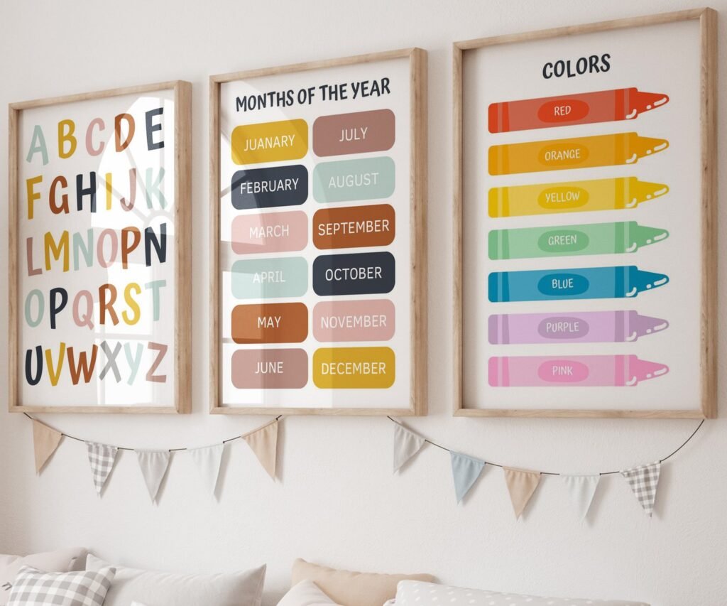 Kids Wall Art, Children's Wall Art, Nursery set of 3 Prints, Educational Wall Art, Alphabet, Numbers, Colours, Shapes , Classroom print