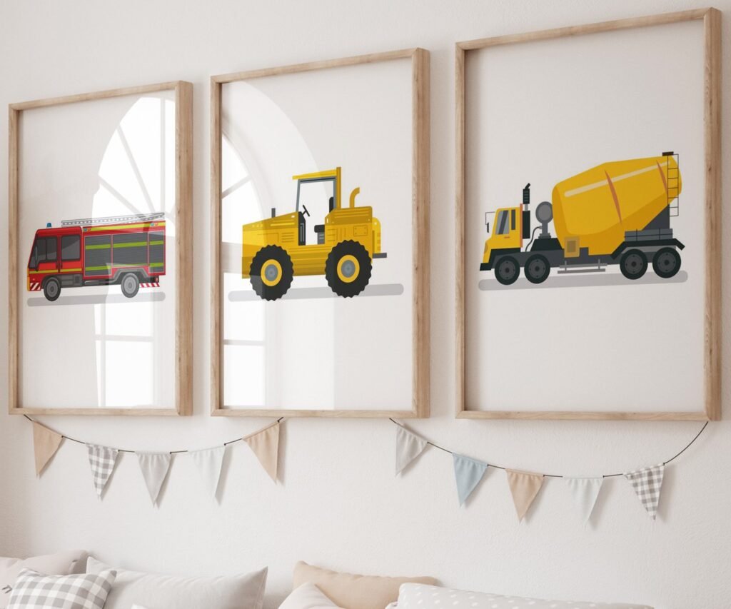 set of 3 Vehicle Prints, Construction Wall Art, Transportation Print Nursery, Kids Gallery Wall Set, Truck Wall Art, Nursery Truck Prints