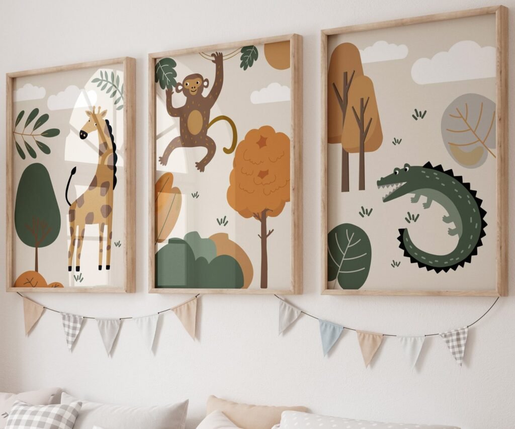 set of 3 Safari Nursery Wall Prints, Boho Nursery Prints, Green Nursery, Boho Nursery Wall Art, Nursery Decor, Set of Nursery Prints, Safari