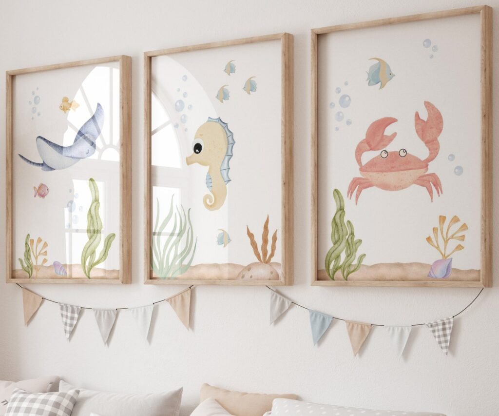 set of 3 Under the Sea Nursery Prints, Nautical Ocean Animal Posters, Boy Nursery Prints Set, Sea Animal Wall Art, Playroom Decor