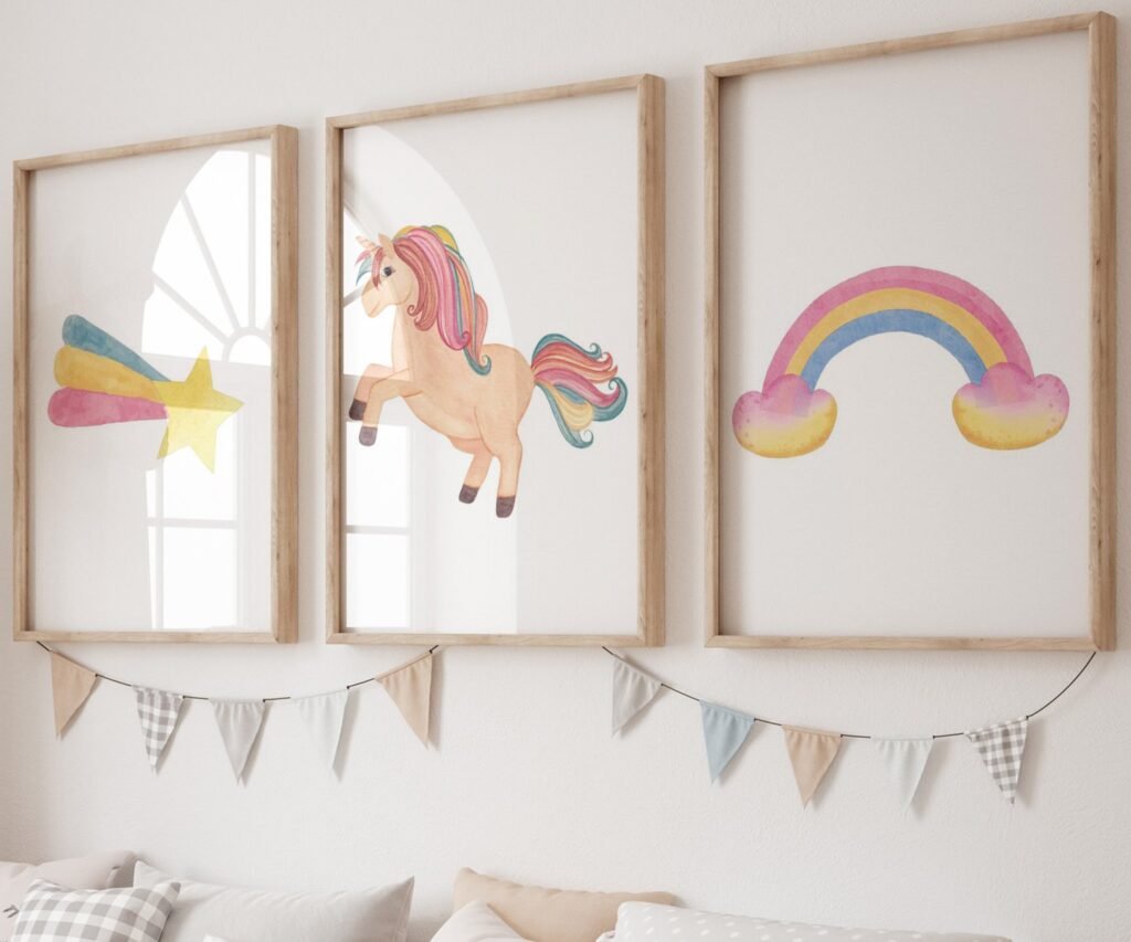 set of 3 Unicorn wall art set, Printable unicorn art, Girls room decor, Unicorn gold glitter, Unicorn prints,cloud rainbow