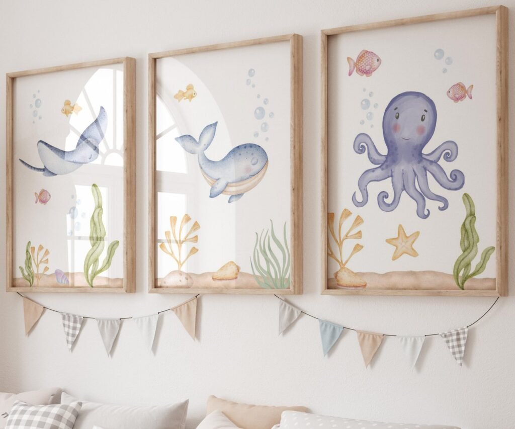 set of 3 Under the Sea Nursery Prints, Nautical Ocean Animal Posters, Boy Nursery Prints Set, Sea Animal Wall Art, Playroom Decor