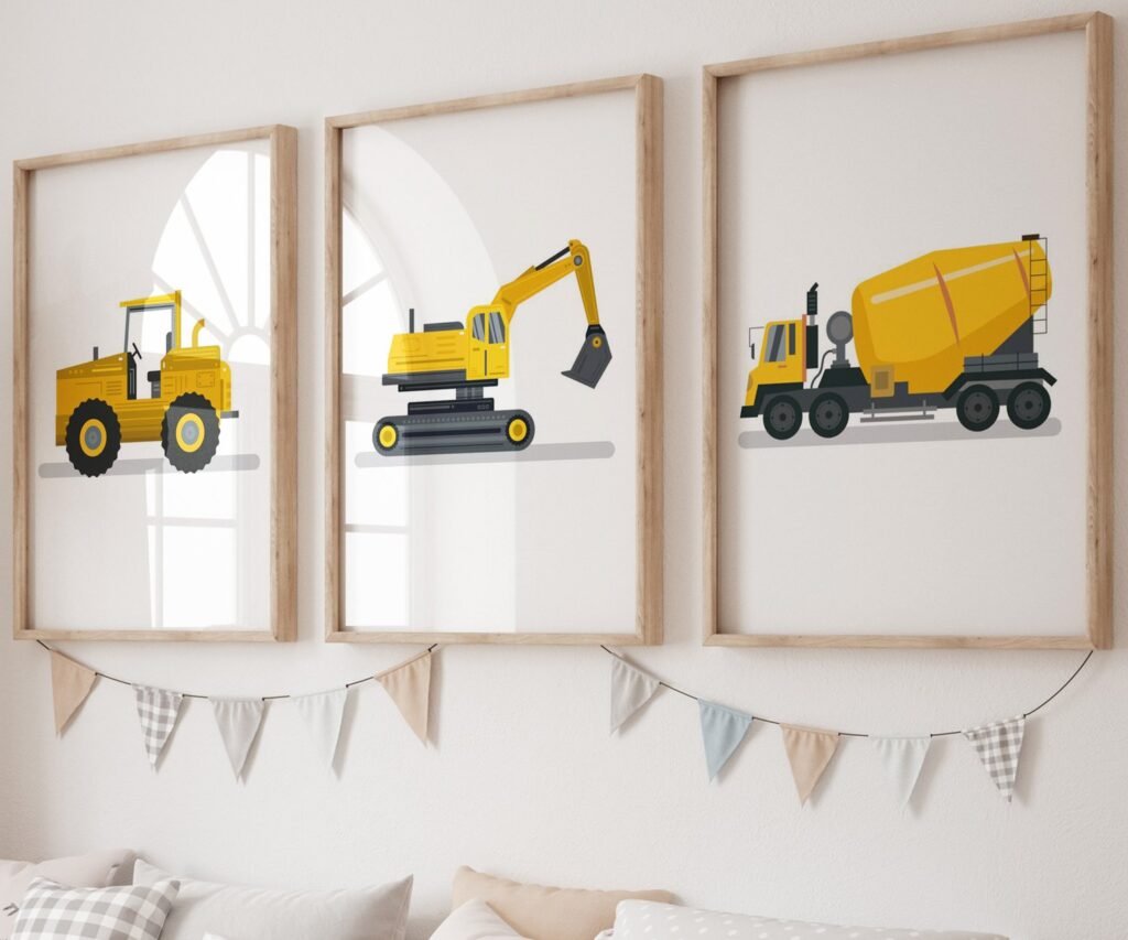 set of 3 Vehicle Prints, Construction Wall Art, Transportation Print Nursery, Kids Gallery Wall Set, Truck Wall Art, Nursery Truck Prints