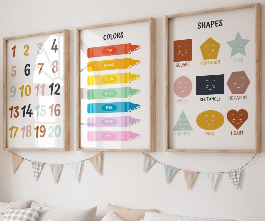 Kids Wall Art, Children's Wall Art, Nursery set of 3 Prints, Educational Wall Art, Alphabet, Numbers, Colours, Shapes , Classroom print