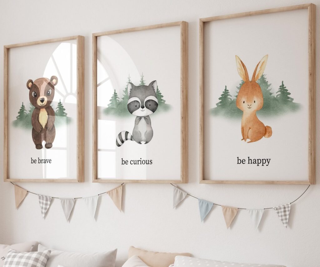 set of 3 Woodland Nursery wall art, Bear Wall art, Forest nursery- Nursery Prints Watercolor Woodland