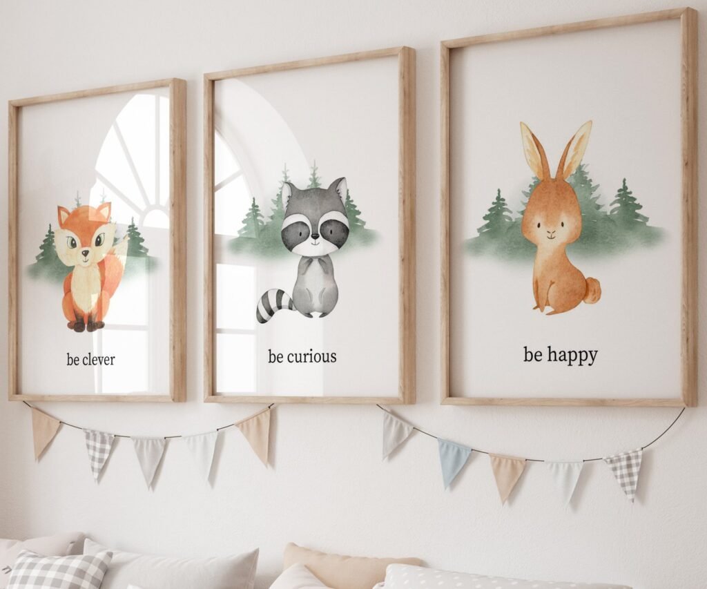 set of 3 Woodland Nursery wall art, Bear Wall art, Forest nursery- Nursery Prints Watercolor Woodland