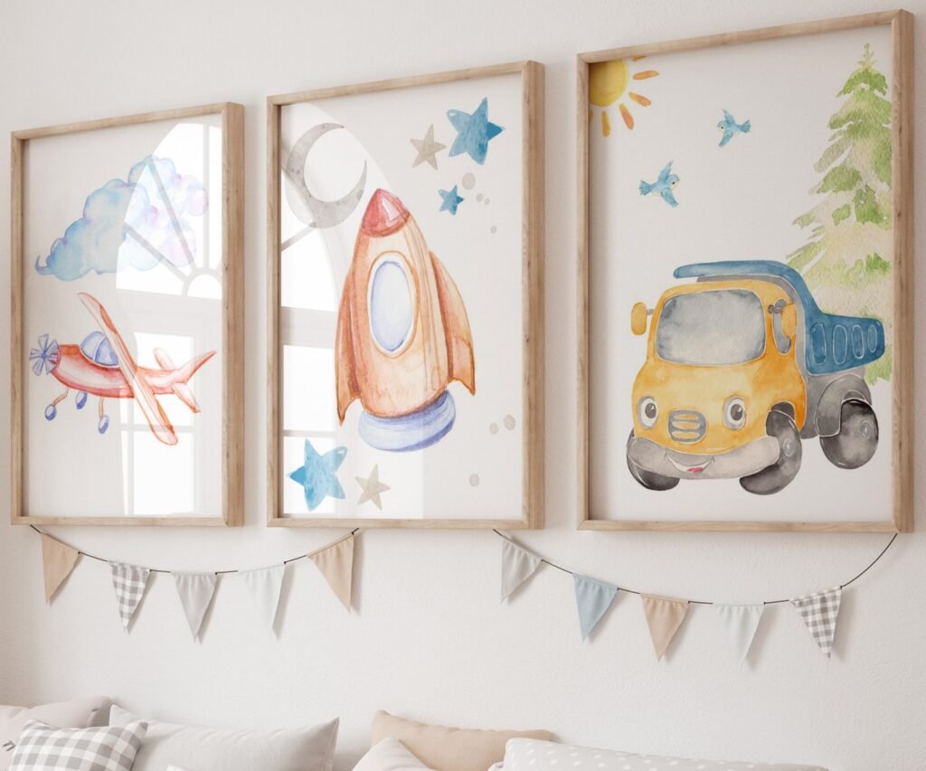 Car Nursery,Train, Rocket, Plane, transportation set of 3