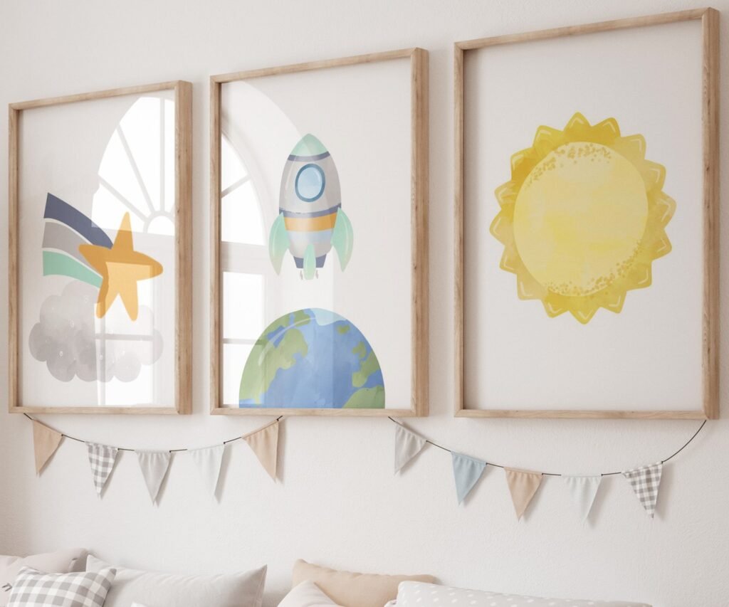 Neutral nursery print set, Space, Earthy tones, planet set of 3