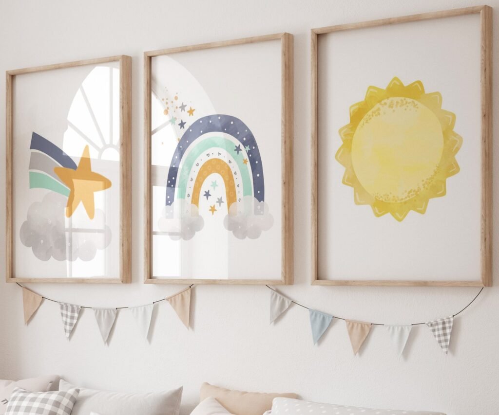 Neutral nursery print set, Space, Earthy tones, planet set of 3