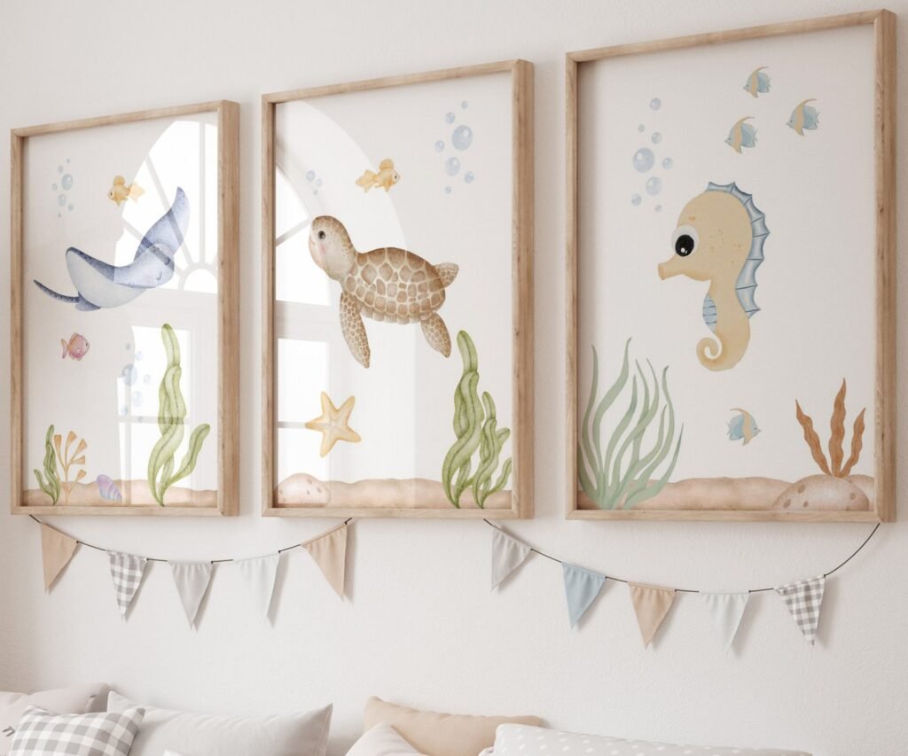 set of 3 Under the Sea Nursery Prints, Nautical Ocean Animal Posters, Boy Nursery Prints Set, Sea Animal Wall Art, Playroom Decor