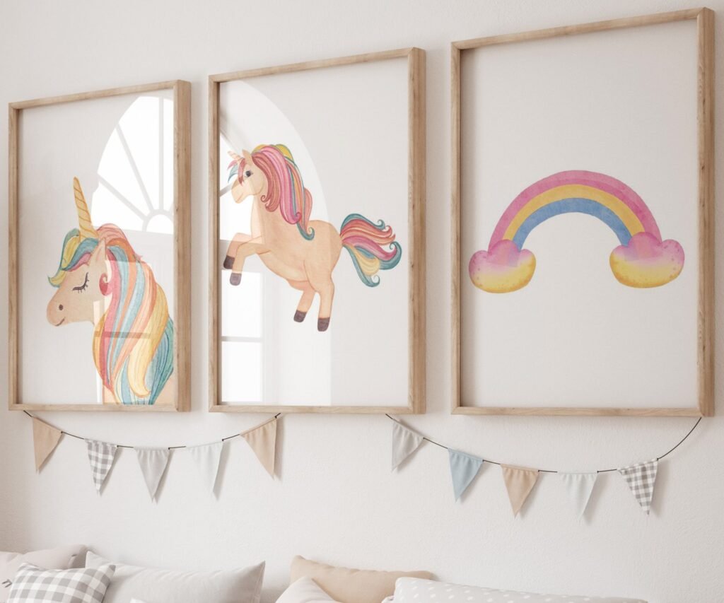 set of 3 Unicorn wall art set, Printable unicorn art, Girls room decor, Unicorn gold glitter, Unicorn prints,cloud rainbow