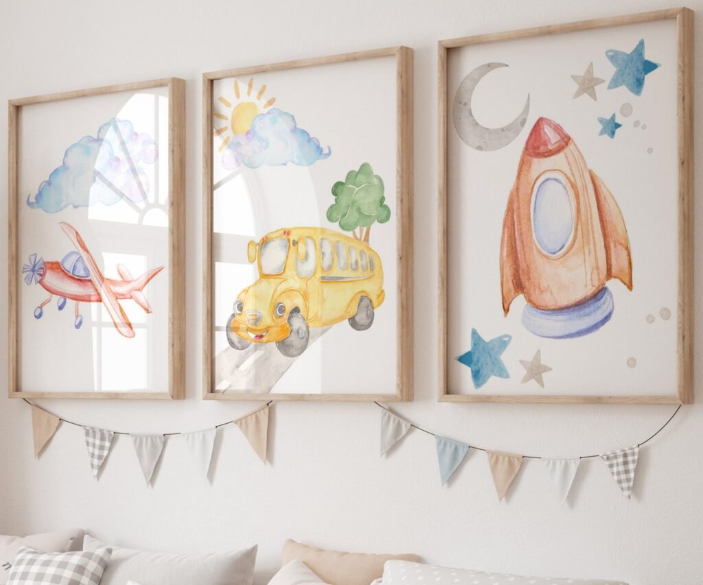 Car Nursery,Train, Rocket, Plane, transportation set of 3