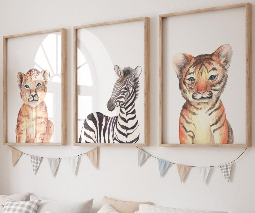 Lion tiger monkey giraffe elephant set of 3, Woodland Baby Animal Posters