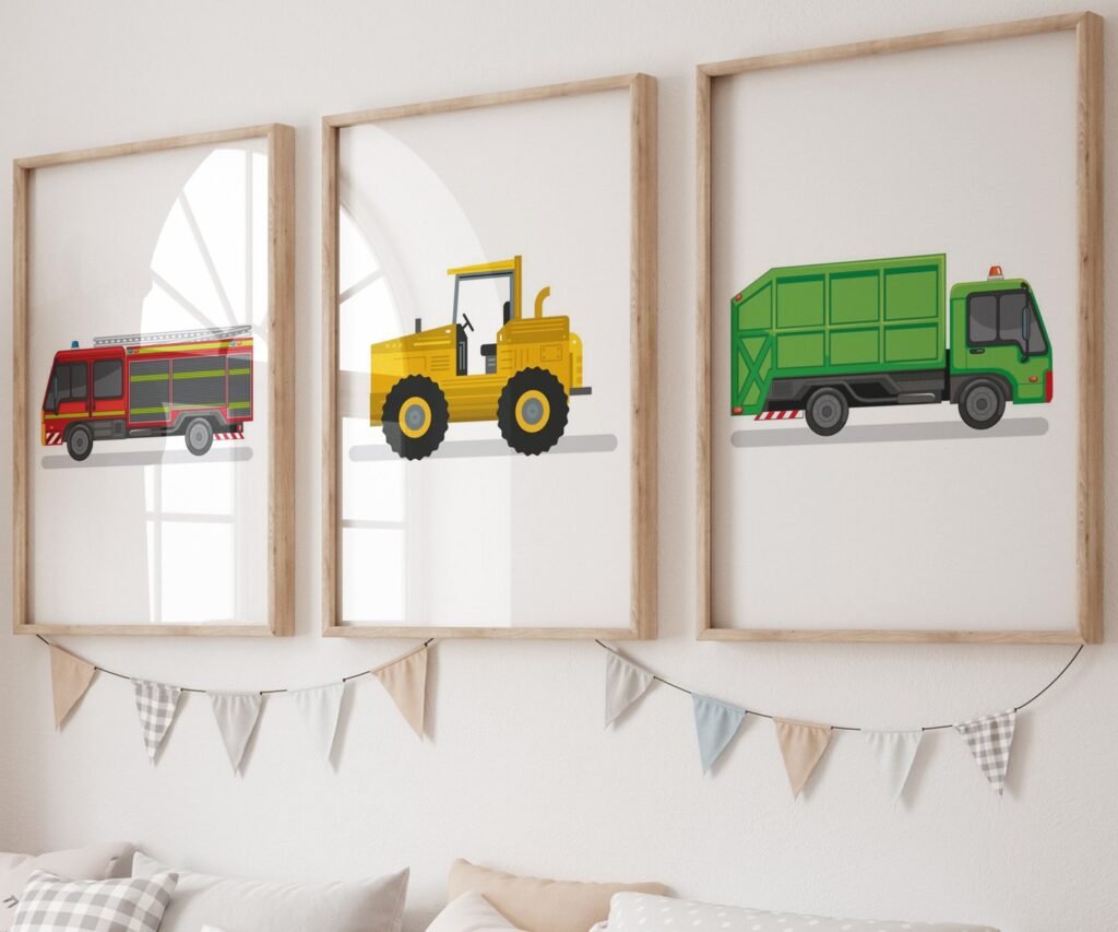 set of 3 Vehicle Prints, Construction Wall Art, Transportation Print Nursery, Kids Gallery Wall Set, Truck Wall Art, Nursery Truck Prints