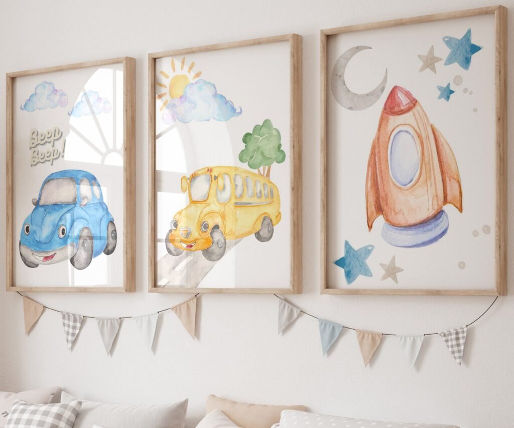 Car Nursery,Train, Rocket, Plane, transportation set of 3