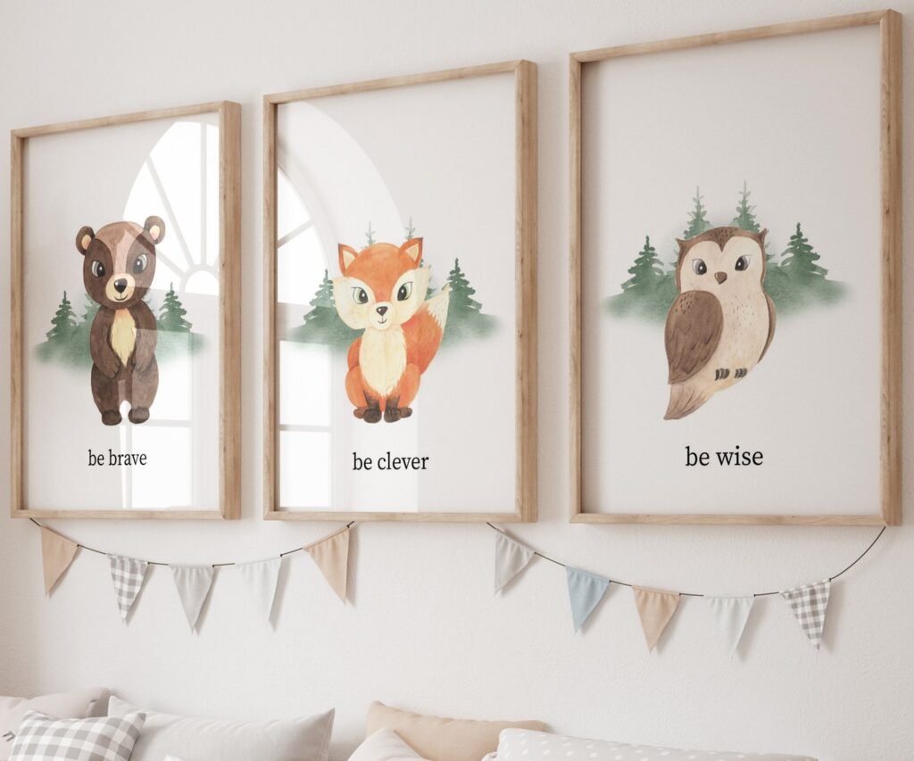 set of 3 Woodland Nursery wall art, Bear Wall art, Forest nursery- Nursery Prints Watercolor Woodland
