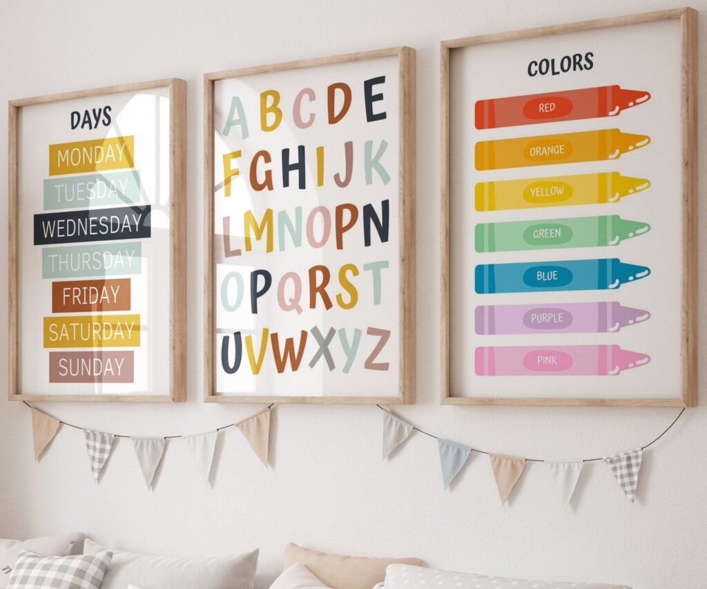 Kids Wall Art, Children's Wall Art, Nursery set of 3 Prints, Educational Wall Art, Alphabet, Numbers, Colours, Shapes , Classroom print