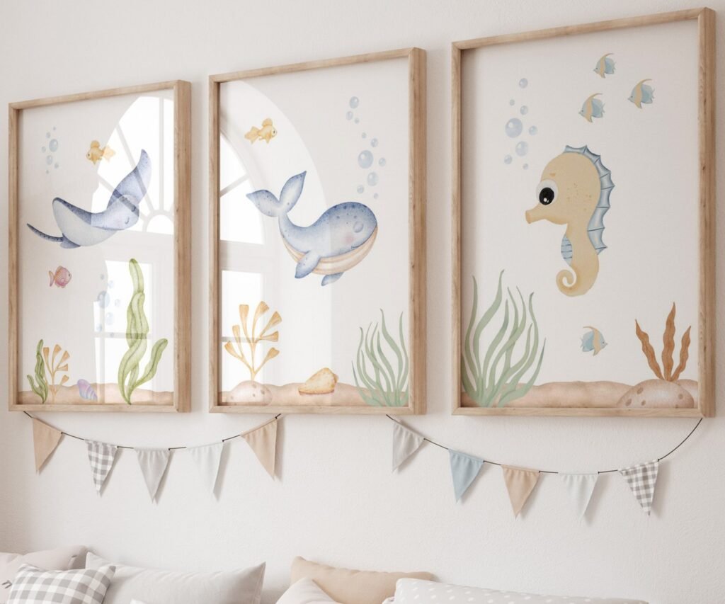 set of 3 Under the Sea Nursery Prints, Nautical Ocean Animal Posters, Boy Nursery Prints Set, Sea Animal Wall Art, Playroom Decor