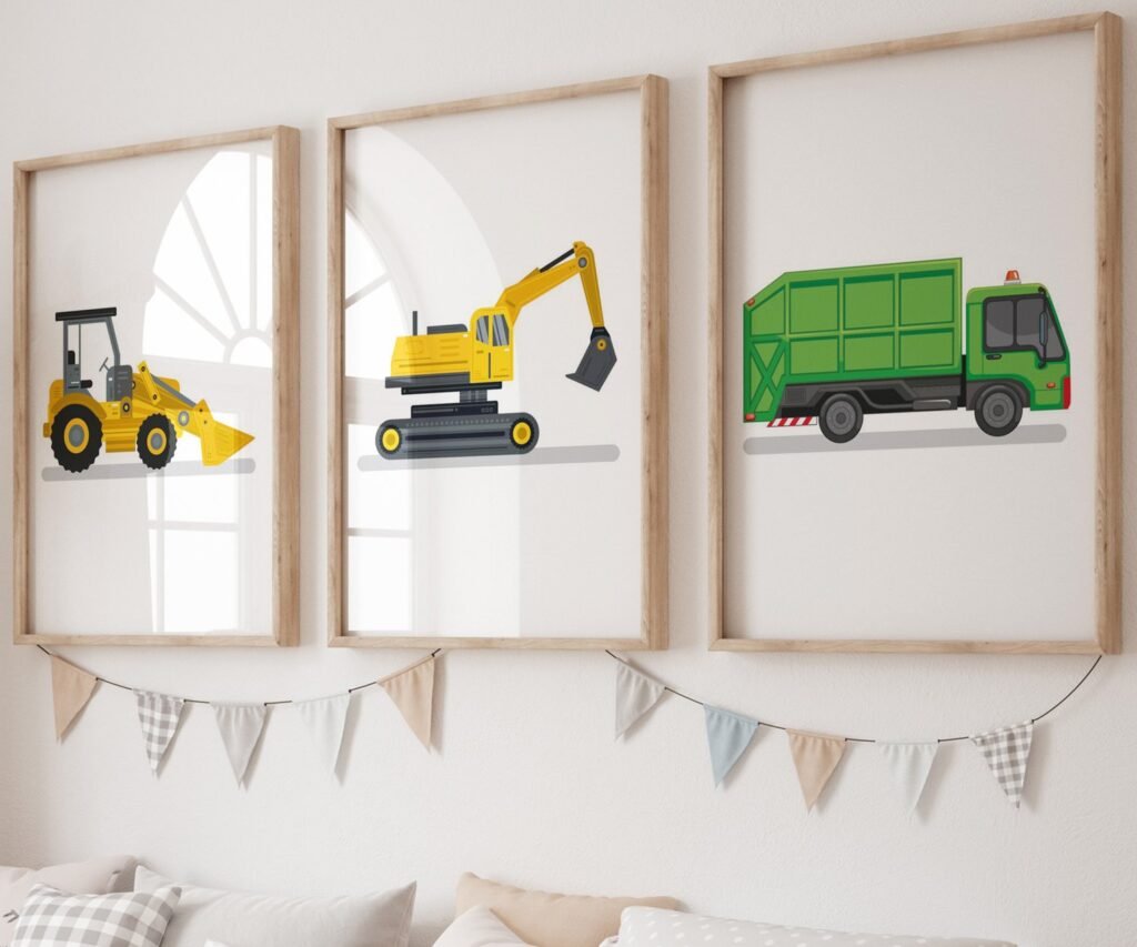 set of 3 Vehicle Prints, Construction Wall Art, Transportation Print Nursery, Kids Gallery Wall Set, Truck Wall Art, Nursery Truck Prints