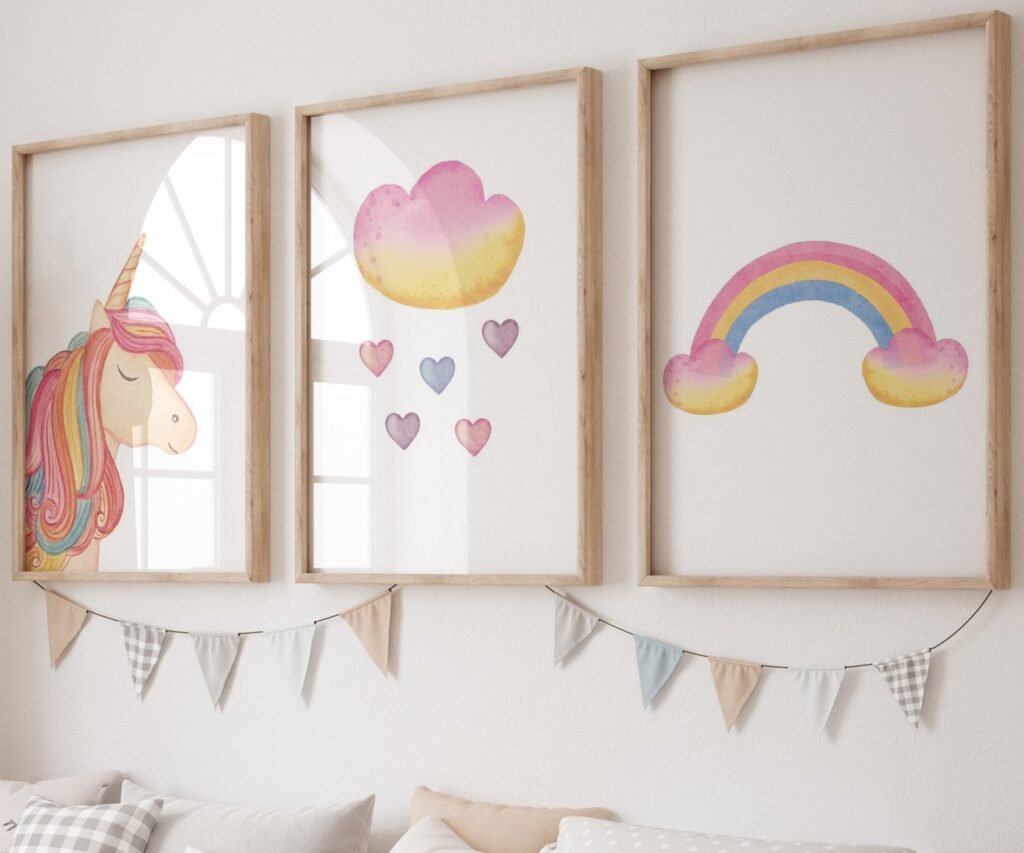 set of 3 Unicorn wall art set, Printable unicorn art, Girls room decor, Unicorn gold glitter, Unicorn prints,cloud rainbow