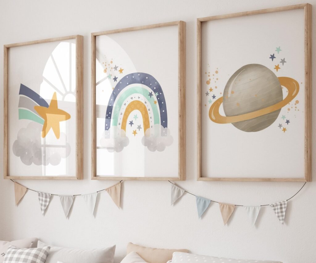 Neutral nursery print set, Space, Earthy tones, planet set of 3