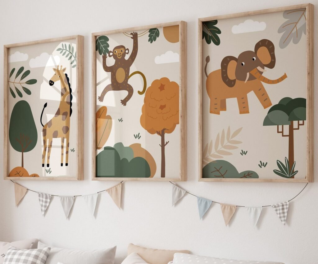set of 3 Safari Nursery Wall Prints, Boho Nursery Prints, Green Nursery, Boho Nursery Wall Art, Nursery Decor, Set of Nursery Prints, Safari