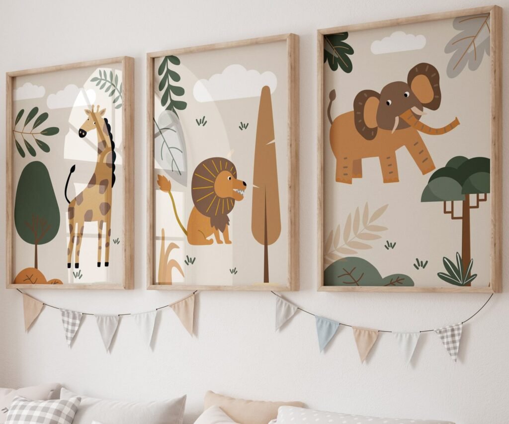 set of 3 Safari Nursery Wall Prints, Boho Nursery Prints, Green Nursery, Boho Nursery Wall Art, Nursery Decor, Set of Nursery Prints, Safari