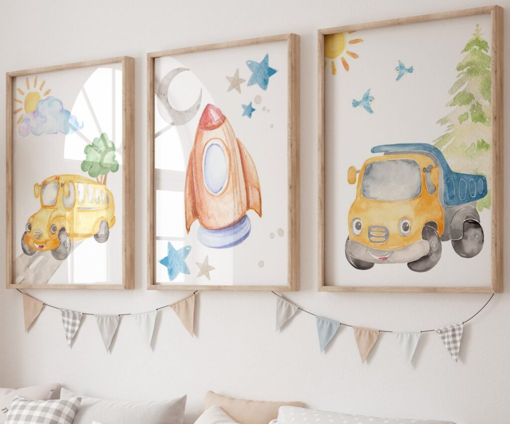 Car Nursery,Train, Rocket, Plane, transportation set of 3
