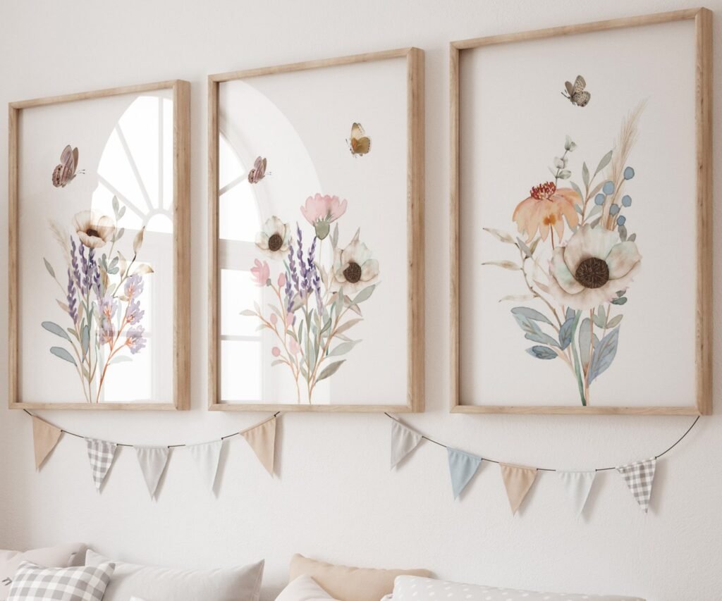 Floral Nursery Prints, wildflower butterfly boho Nursery Watercolor Flower Print set of 3