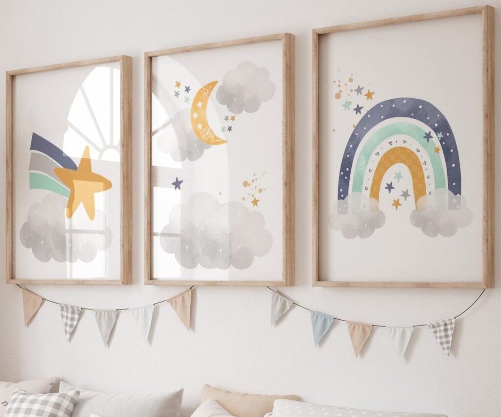 Neutral nursery print set, Space, Earthy tones, planet set of 3