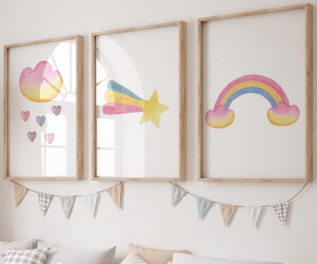 set of 3 Unicorn wall art set, Printable unicorn art, Girls room decor, Unicorn gold glitter, Unicorn prints,cloud rainbow