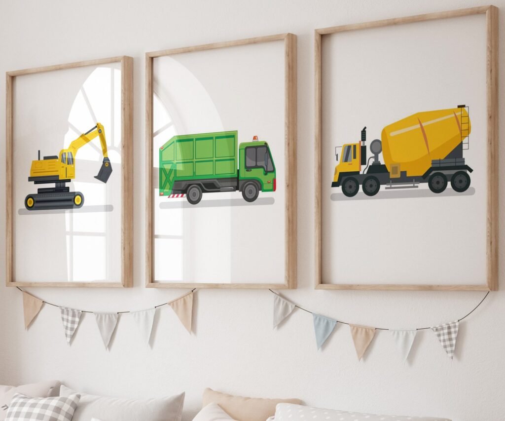 set of 3 Vehicle Prints, Construction Wall Art, Transportation Print Nursery, Kids Gallery Wall Set, Truck Wall Art, Nursery Truck Prints